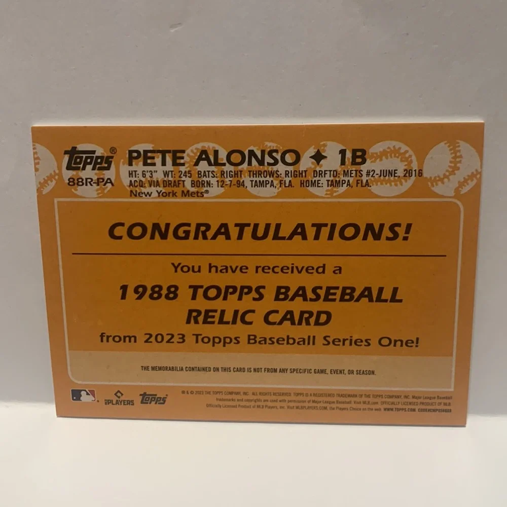 2023 Topps Series 1 Pete Alonso 1988 Swatch Jersey Relic 88R-PA (MISC9)